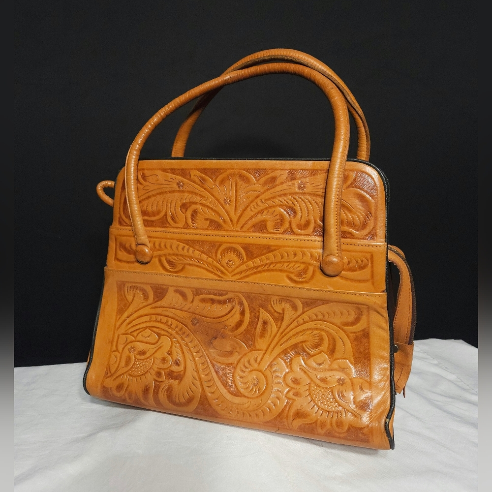 GAITAN Hand Tooled Floral Design Mexican Leather Vintage Handbag
